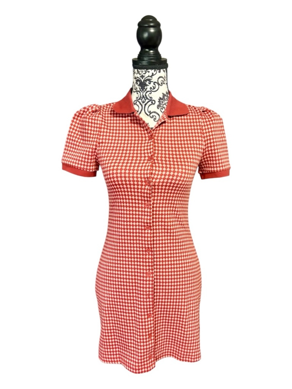 URBAN REVIVO Red Checkered Knit Button-Front Polo Dress